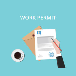59875780 - work permit hand sign a paper document with stamp and coffee vector graphic illustration